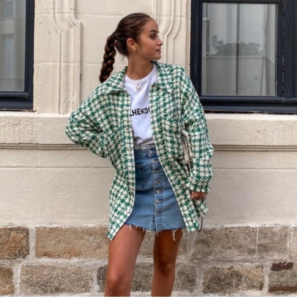 Zara Tweed Weave Houndstooth OVERSHIRT Jacket Blazer Green/White Size XS NEW